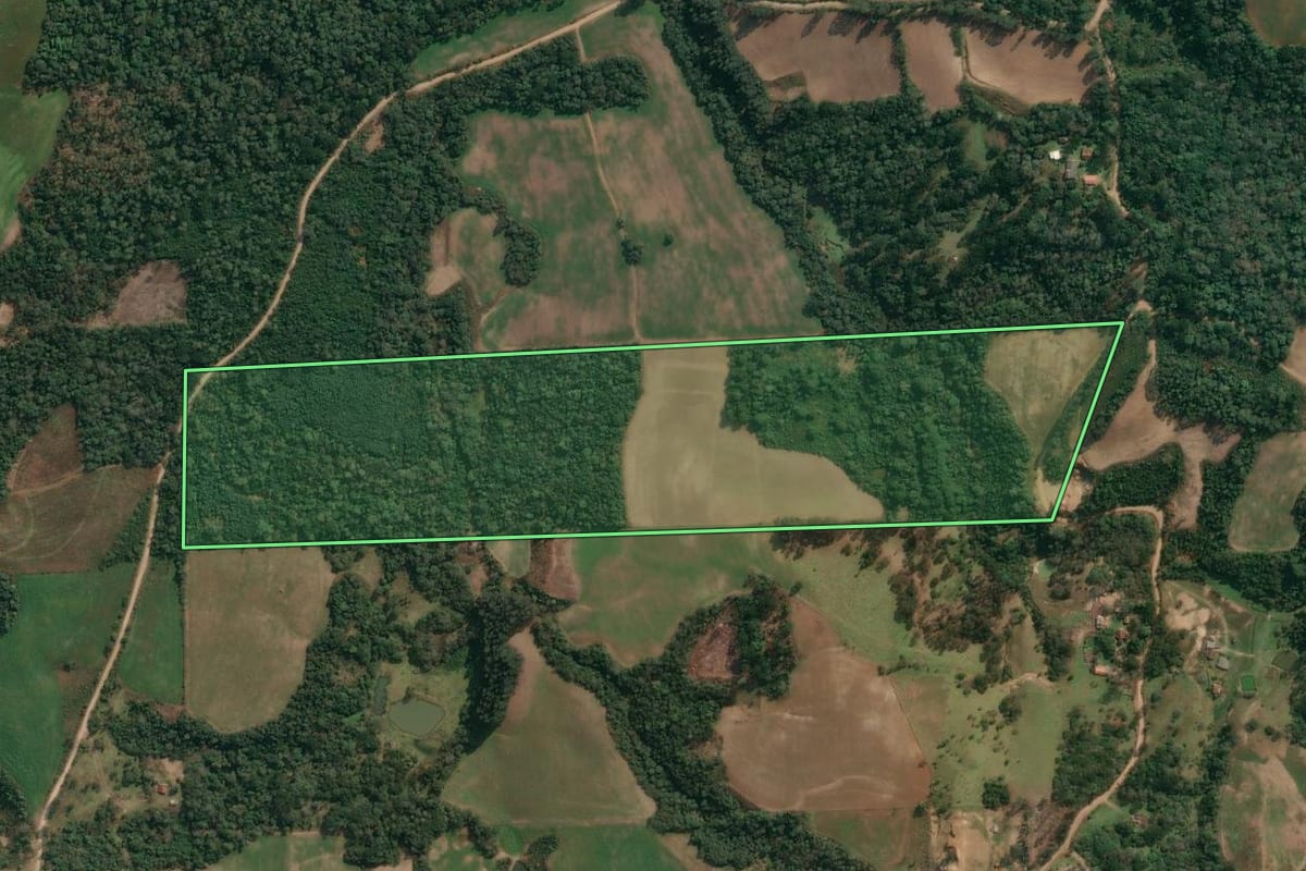 Imagem de satélite do imóvel rural em Irati (PR), com o contorno declarado no CAR desenhado por cima.