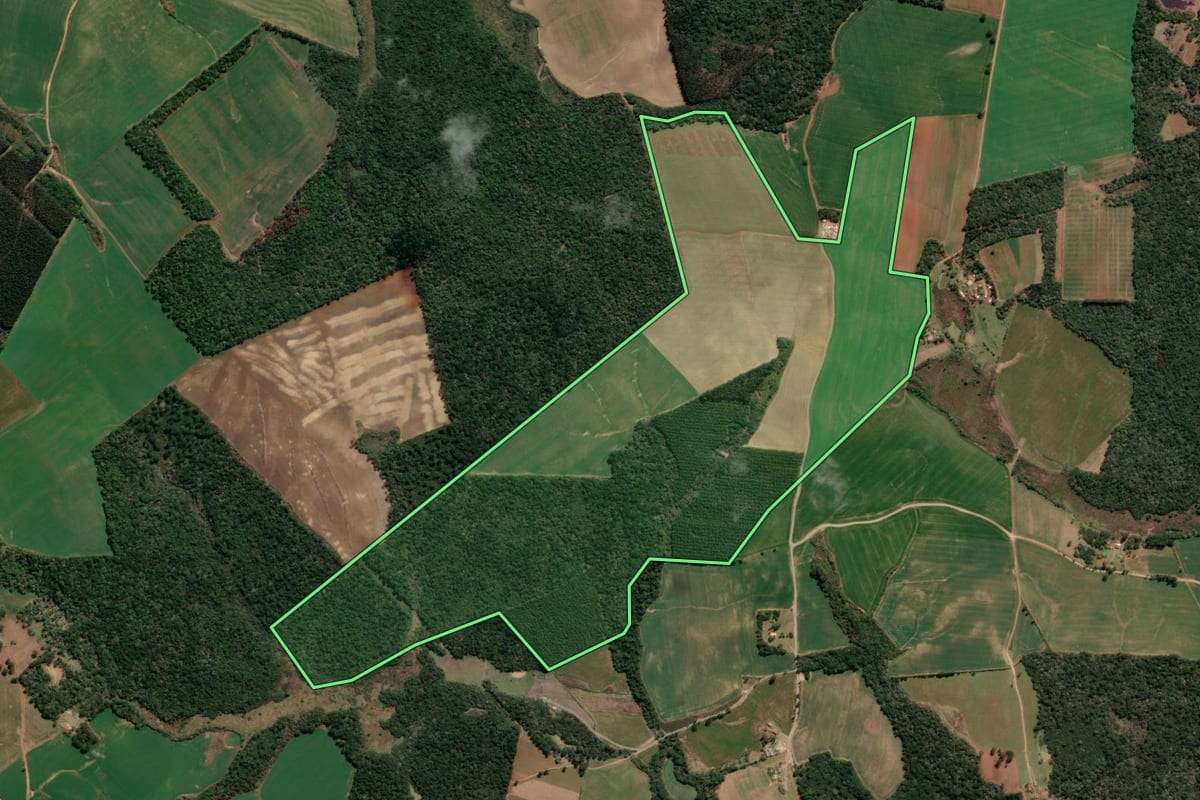 Imagem de satélite do imóvel rural em Irati (PR), com o contorno declarado no CAR desenhado por cima.