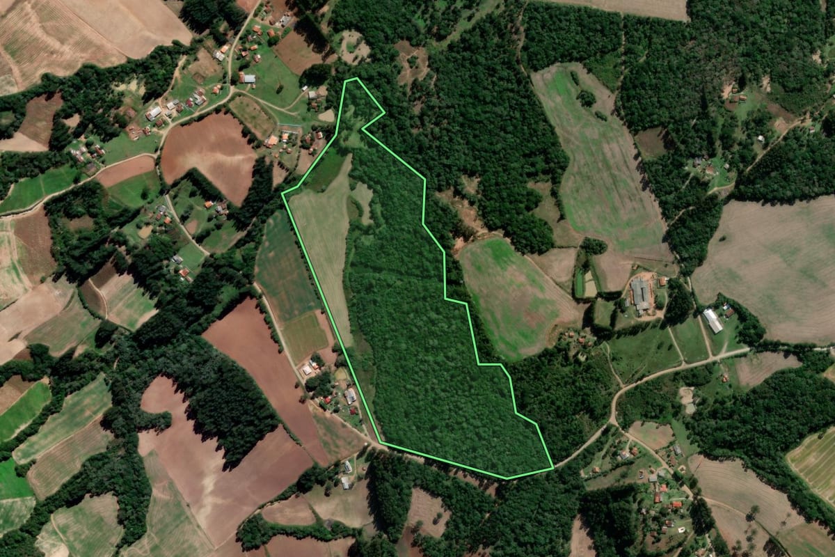 Imagem de satélite do imóvel rural em Irati (PR), com o contorno declarado no CAR desenhado por cima.