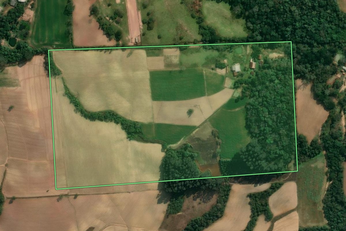 Imagem de satélite do imóvel rural em Irati (PR), com o contorno declarado no CAR desenhado por cima.