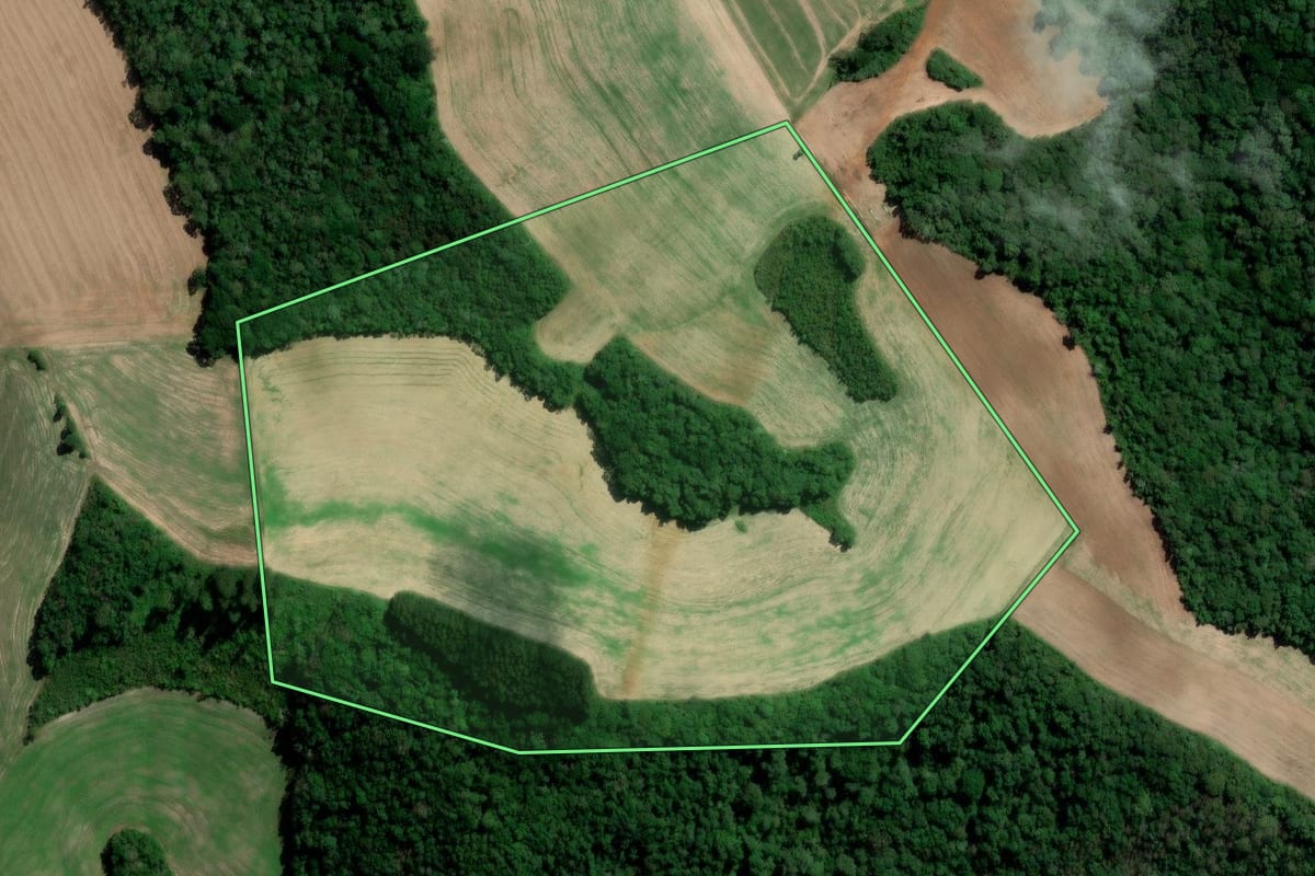 Imagem de satélite do imóvel rural em Irati (PR), com o contorno declarado no CAR desenhado por cima.
