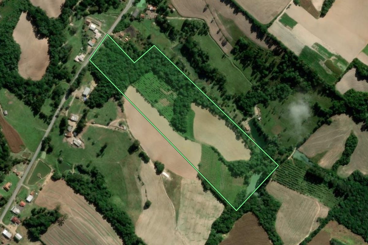 Imagem de satélite do imóvel rural em Irati (PR), com o contorno declarado no CAR desenhado por cima.
