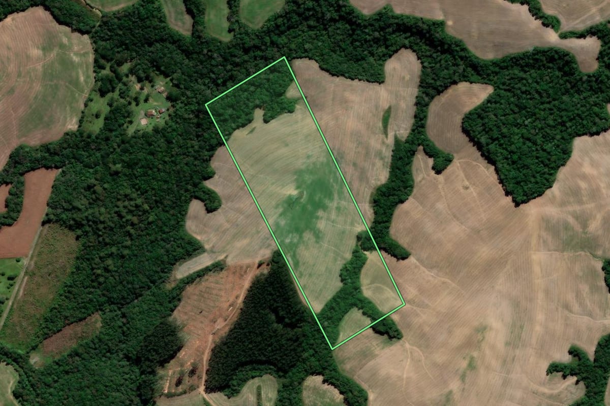 Imagem de satélite do imóvel rural em Irati (PR), com o contorno declarado no CAR desenhado por cima.