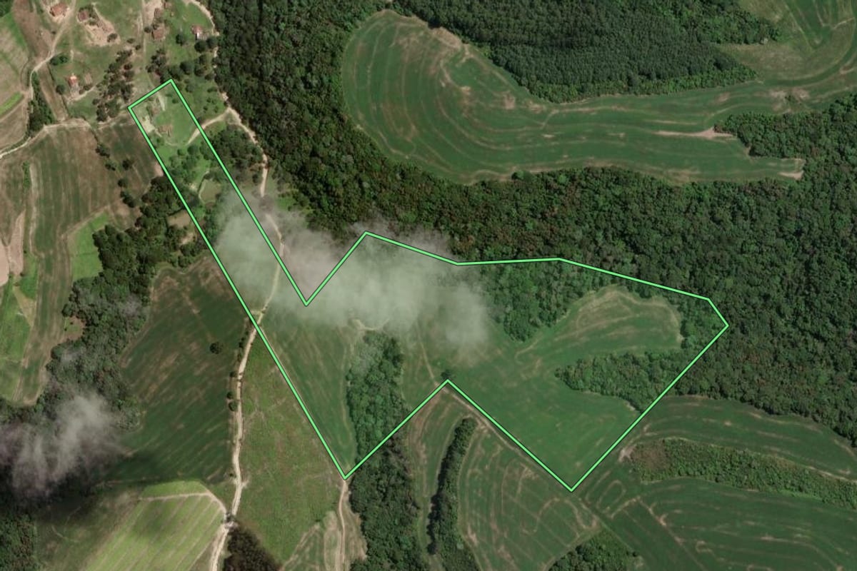 Imagem de satélite do imóvel rural em Irati (PR), com o contorno declarado no CAR desenhado por cima.