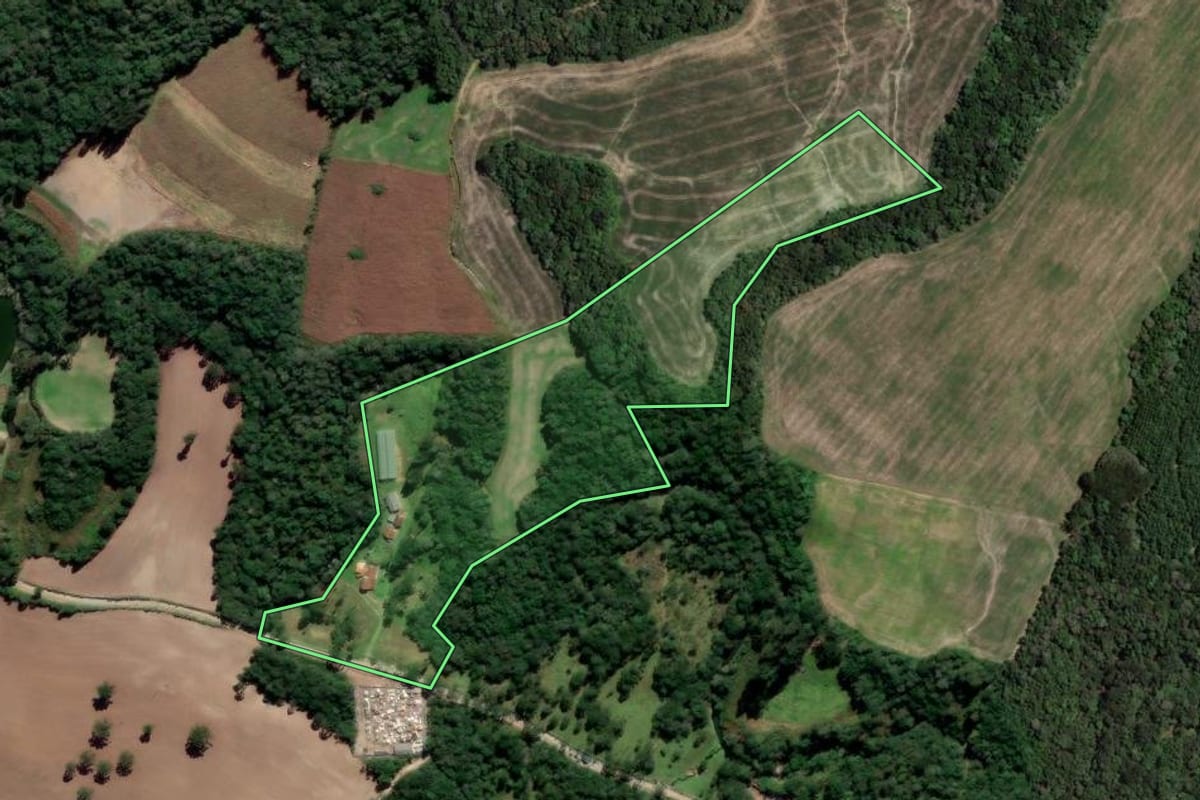 Imagem de satélite do imóvel rural em Irati (PR), com o contorno declarado no CAR desenhado por cima.