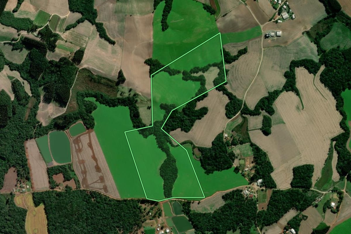 Imagem de satélite do imóvel rural em Irati (PR), com o contorno declarado no CAR desenhado por cima.