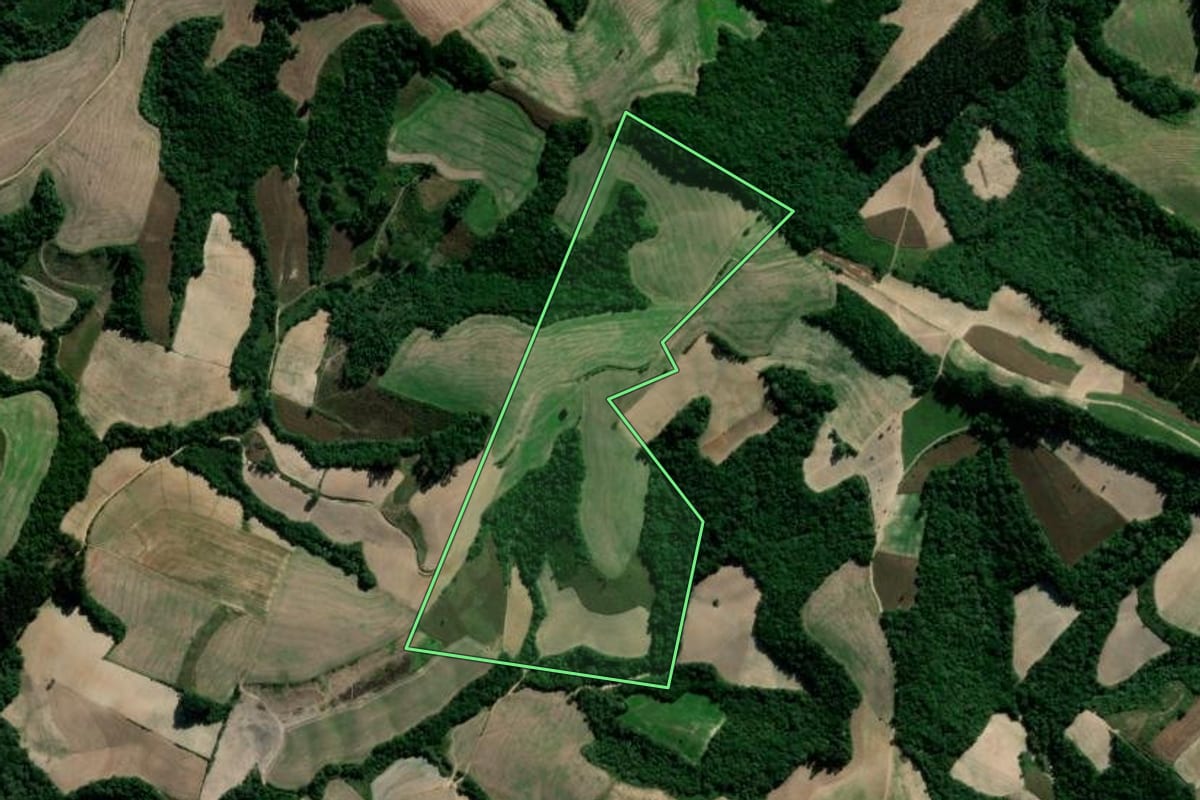 Imagem de satélite do imóvel rural em Irati (PR), com o contorno declarado no CAR desenhado por cima.