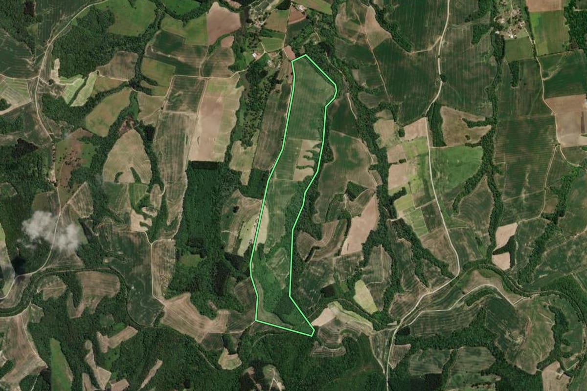 Imagem de satélite do imóvel rural em Irati (PR), com o contorno declarado no CAR desenhado por cima.