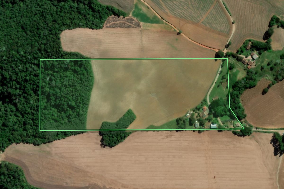 Imagem de satélite do imóvel rural em Irati (PR), com o contorno declarado no CAR desenhado por cima.