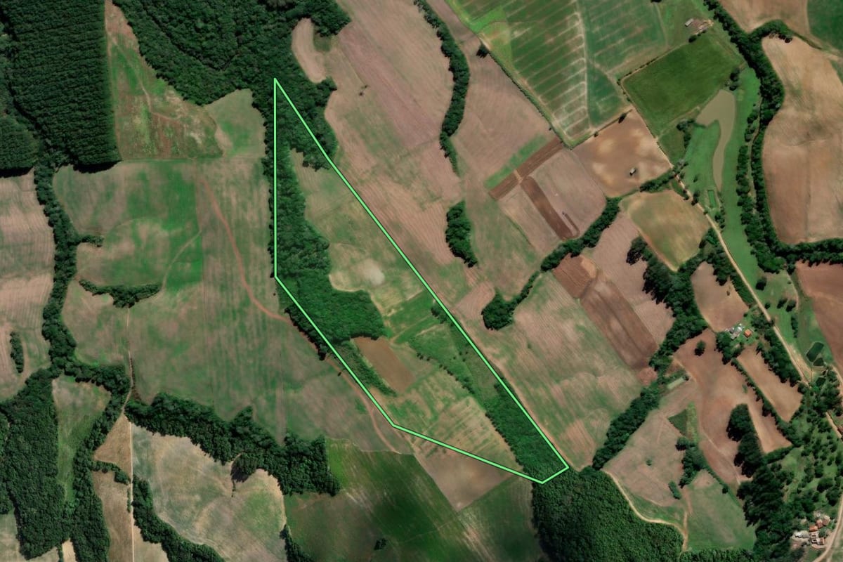 Imagem de satélite do imóvel rural em Irati (PR), com o contorno declarado no CAR desenhado por cima.