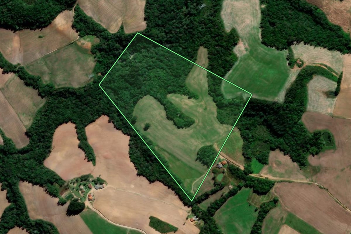 Imagem de satélite do imóvel rural em Irati (PR), com o contorno declarado no CAR desenhado por cima.