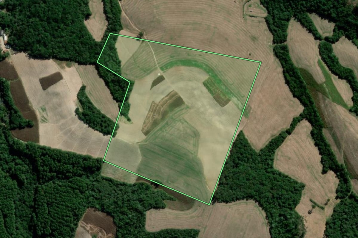 Imagem de satélite do imóvel rural em Irati (PR), com o contorno declarado no CAR desenhado por cima.