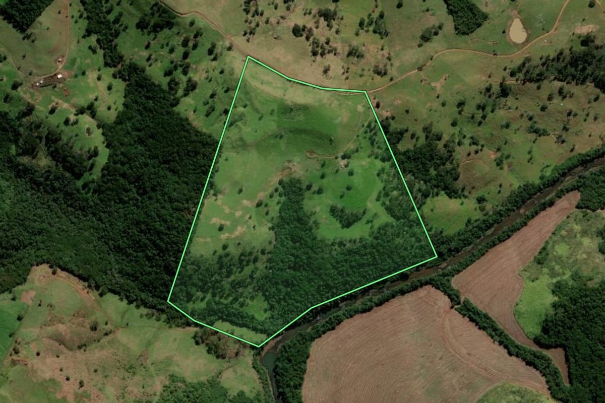 Imagem de satélite do imóvel rural em Iretama (PR), com o contorno declarado no CAR desenhado por cima.