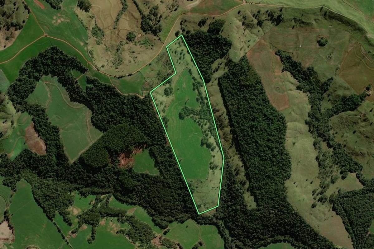 Imagem de satélite do imóvel rural em Iretama (PR), com o contorno declarado no CAR desenhado por cima.