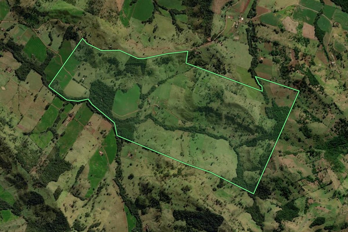 Imagem de satélite do imóvel rural em Iretama (PR), com o contorno declarado no CAR desenhado por cima.