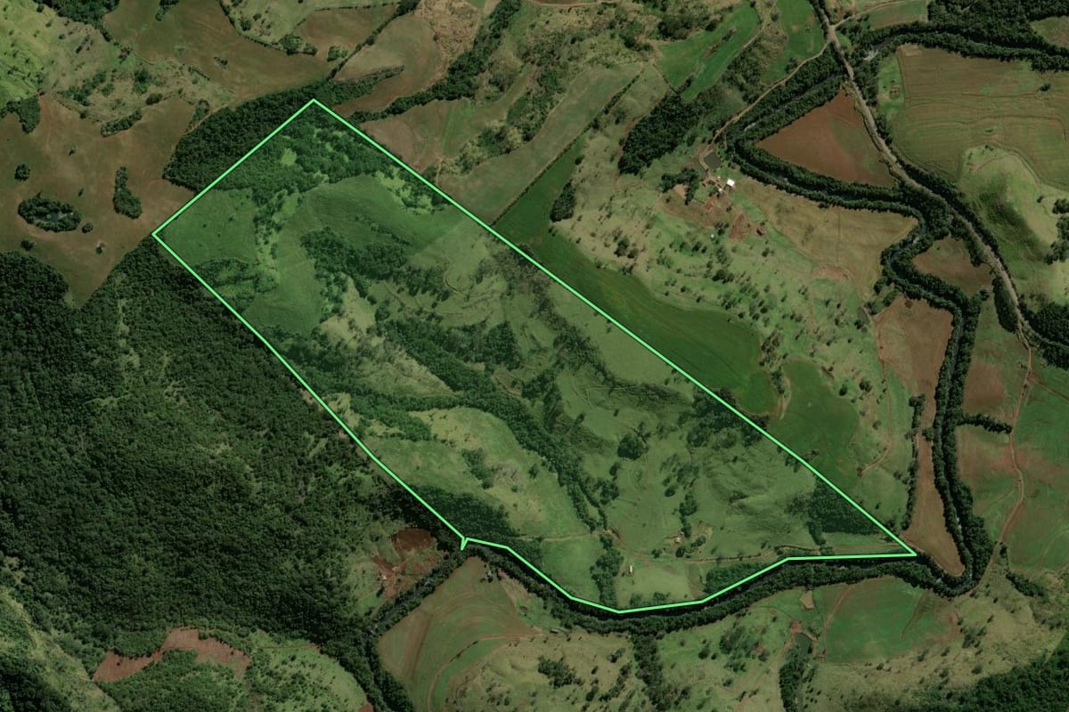Imagem de satélite do imóvel rural em Iretama (PR), com o contorno declarado no CAR desenhado por cima.