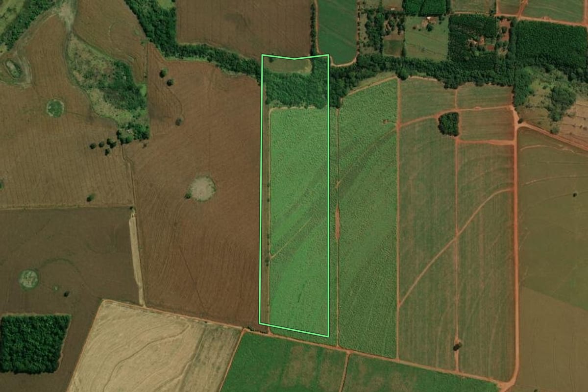 Imagem de satélite do imóvel rural em Itaguajé (PR), com o contorno declarado no CAR desenhado por cima.