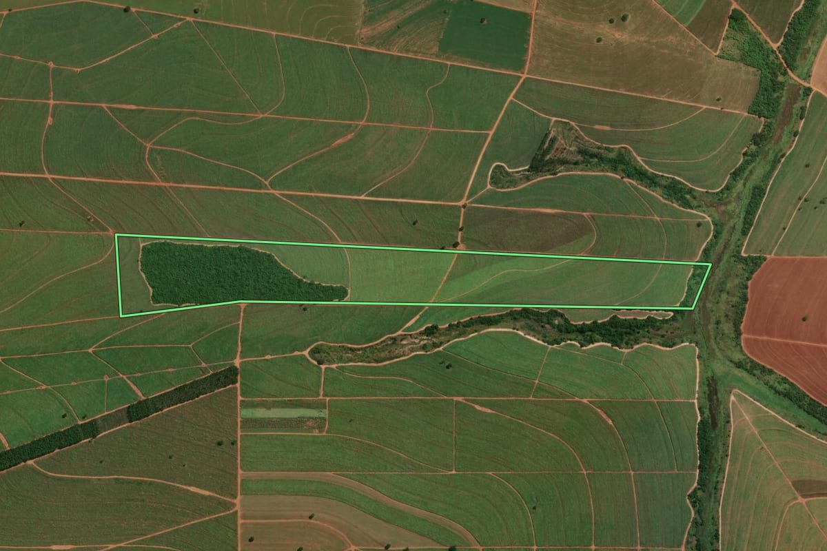 Imagem de satélite do imóvel rural em Itaguajé (PR), com o contorno declarado no CAR desenhado por cima.