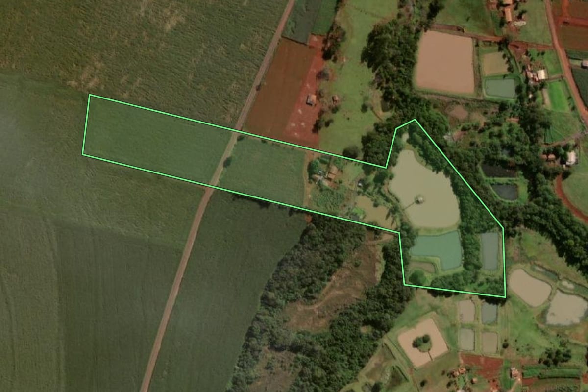 Imagem de satélite do imóvel rural em Itaipulândia (PR), com o contorno declarado no CAR desenhado por cima.
