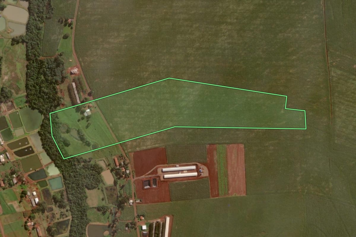 Imagem de satélite do imóvel rural em Itaipulândia (PR), com o contorno declarado no CAR desenhado por cima.