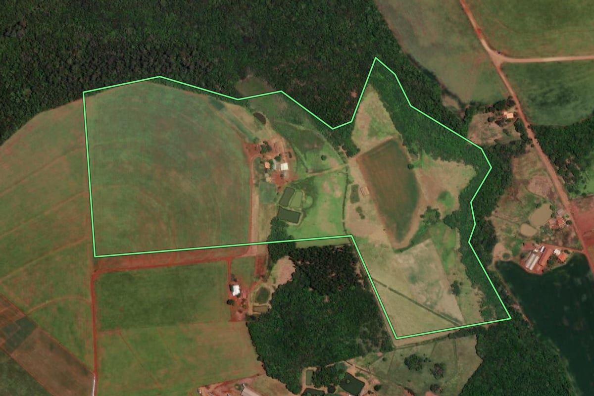 Imagem de satélite do imóvel rural em Itaipulândia (PR), com o contorno declarado no CAR desenhado por cima.