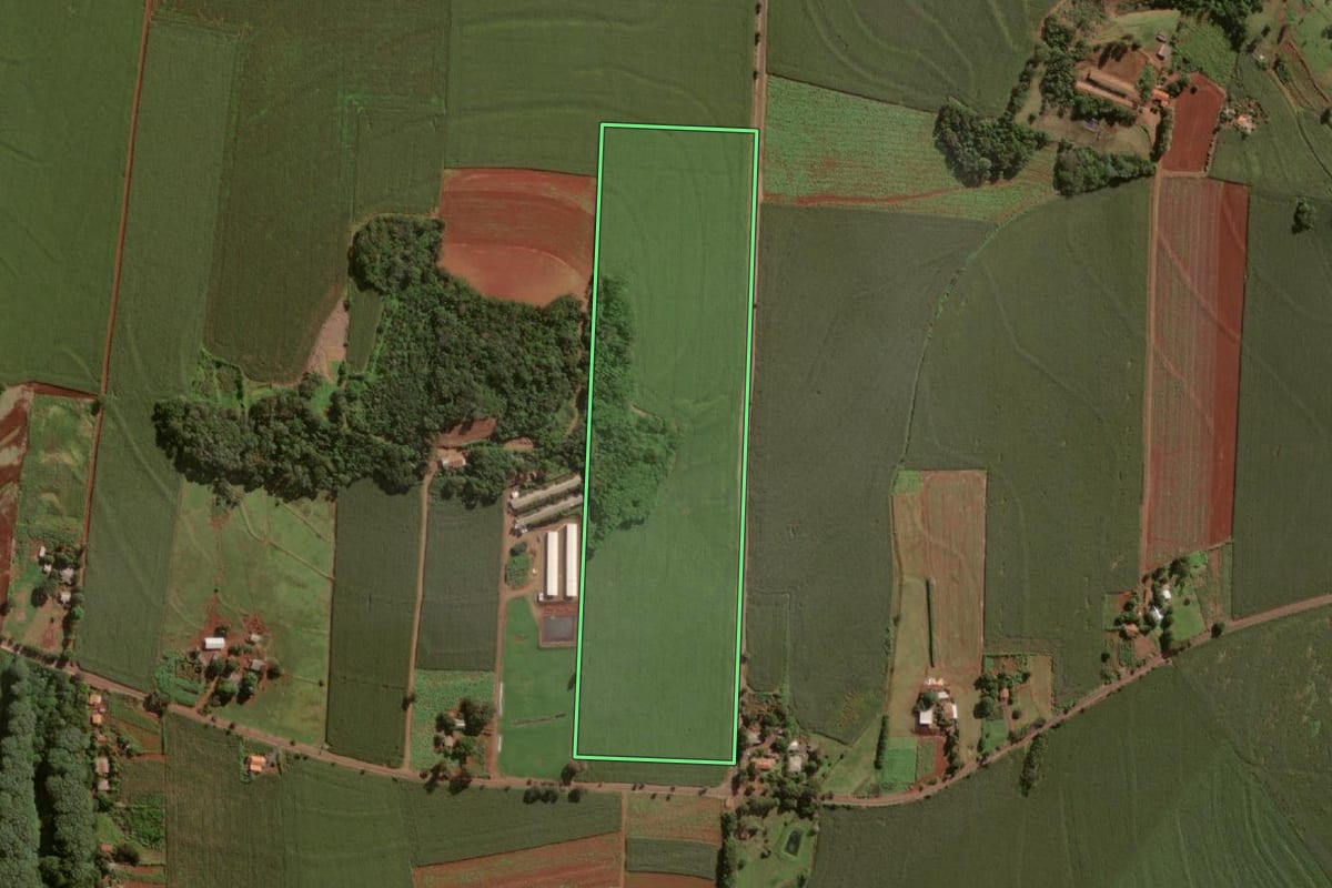 Imagem de satélite do imóvel rural em Itaipulândia (PR), com o contorno declarado no CAR desenhado por cima.