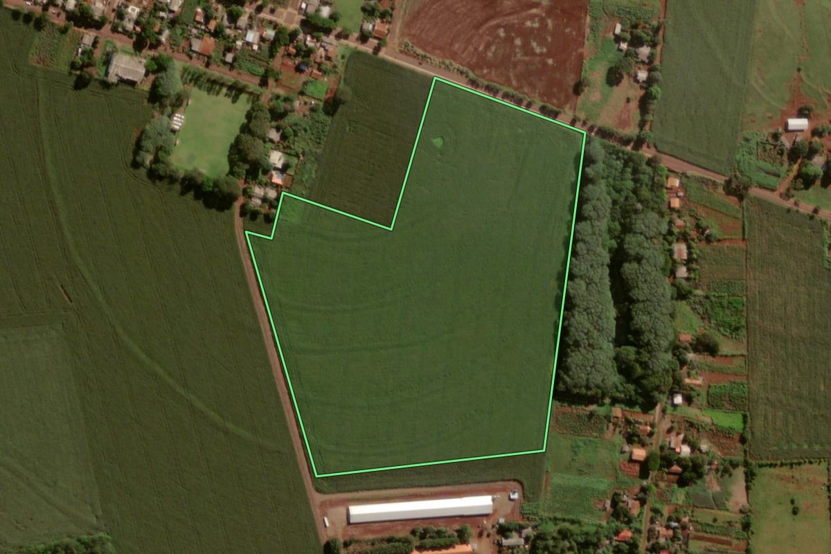 Imagem de satélite do imóvel rural em Itaipulândia (PR), com o contorno declarado no CAR desenhado por cima.