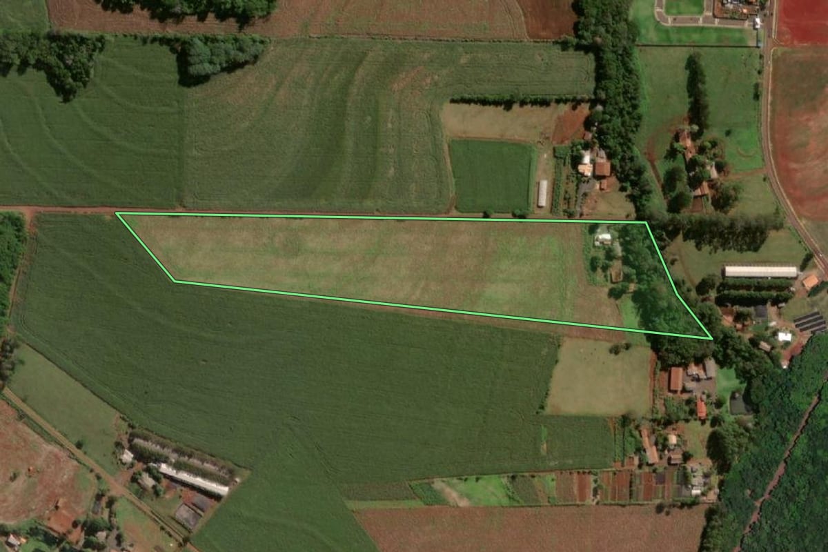 Imagem de satélite do imóvel rural em Itaipulândia (PR), com o contorno declarado no CAR desenhado por cima.