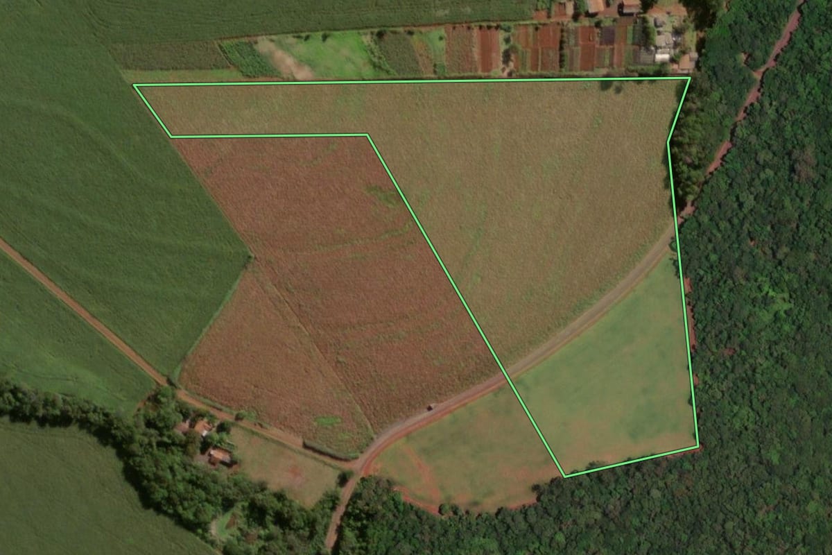 Imagem de satélite do imóvel rural em Itaipulândia (PR), com o contorno declarado no CAR desenhado por cima.