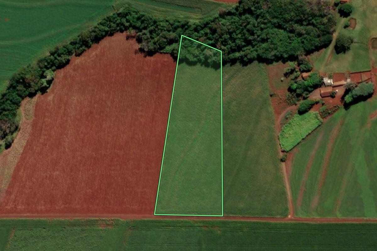 Imagem de satélite do imóvel rural em Itaipulândia (PR), com o contorno declarado no CAR desenhado por cima.