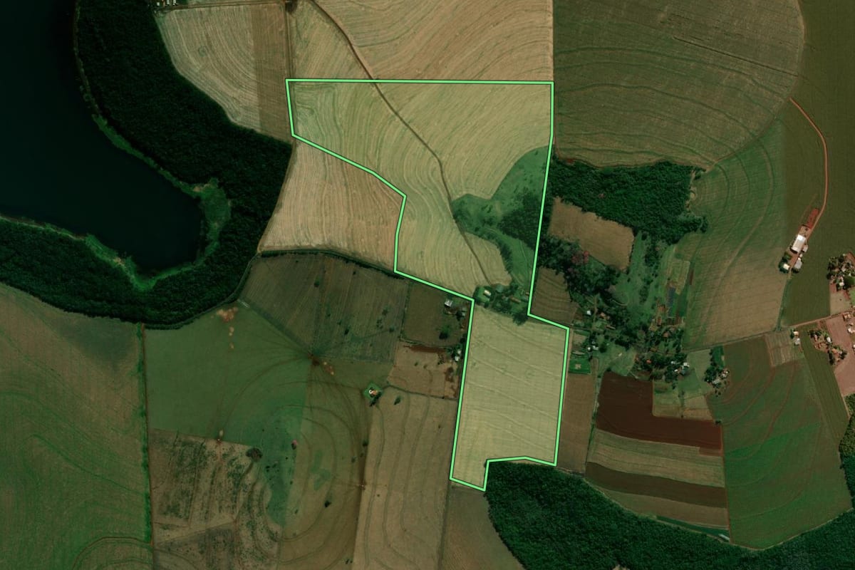 Imagem de satélite do imóvel rural em Itaipulândia (PR), com o contorno declarado no CAR desenhado por cima.