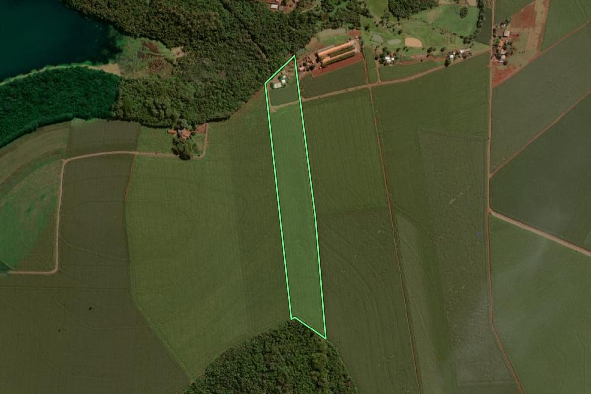 Imagem de satélite do imóvel rural em Itaipulândia (PR), com o contorno declarado no CAR desenhado por cima.
