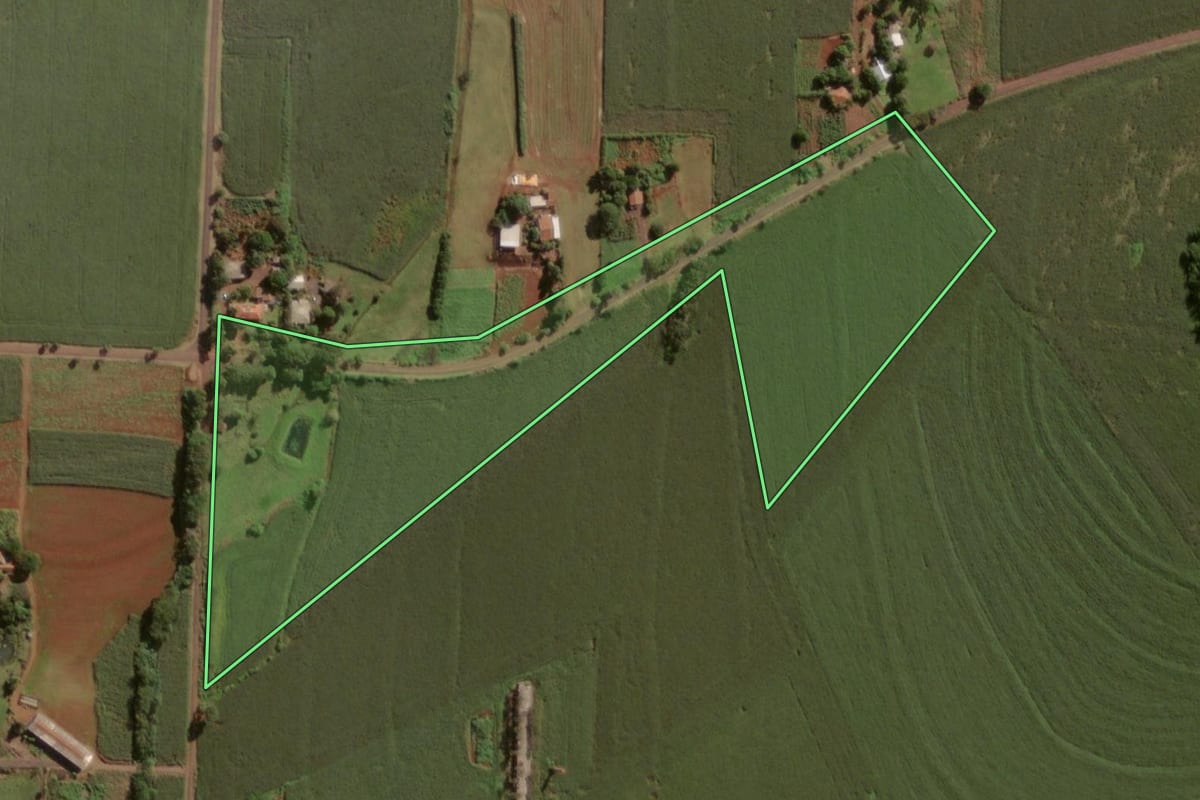 Imagem de satélite do imóvel rural em Itaipulândia (PR), com o contorno declarado no CAR desenhado por cima.