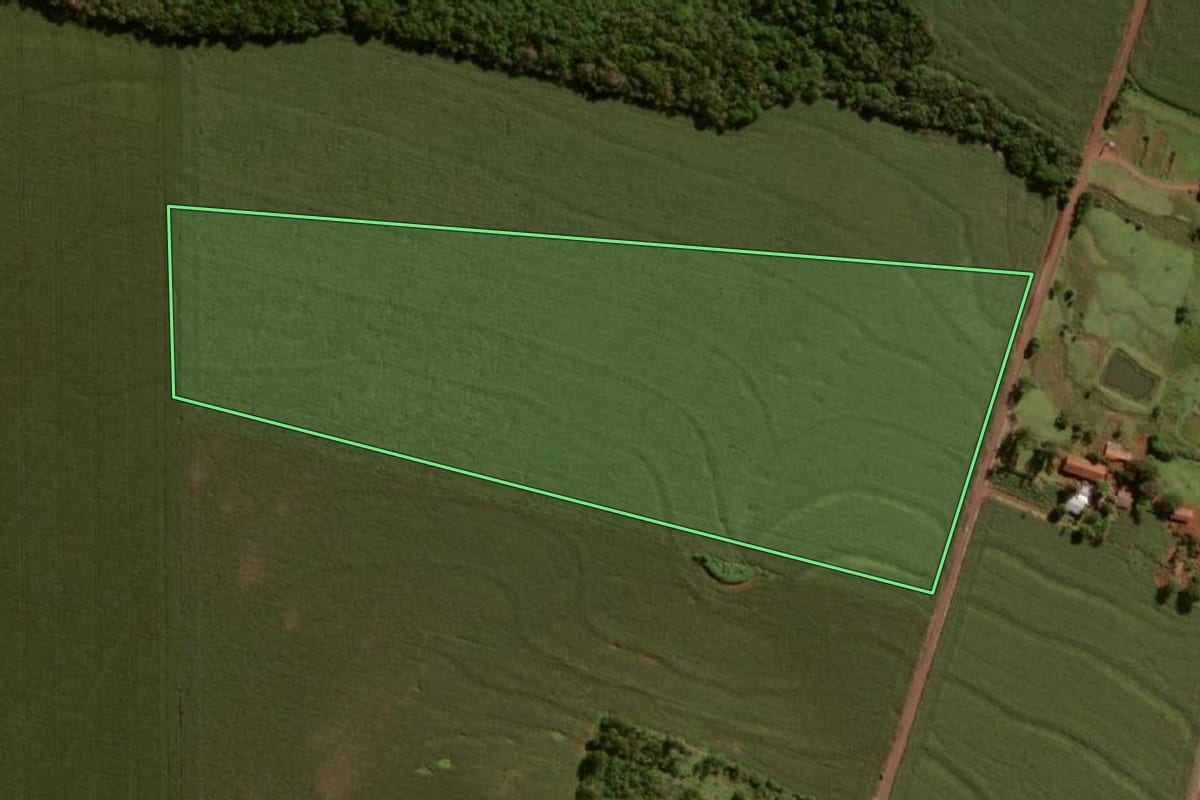 Imagem de satélite do imóvel rural em Itaipulândia (PR), com o contorno declarado no CAR desenhado por cima.