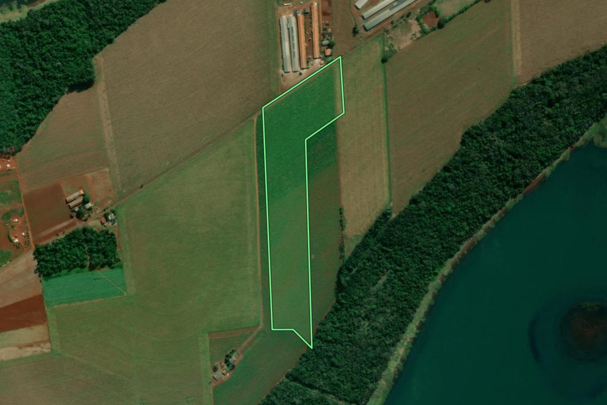 Imagem de satélite do imóvel rural em Itaipulândia (PR), com o contorno declarado no CAR desenhado por cima.
