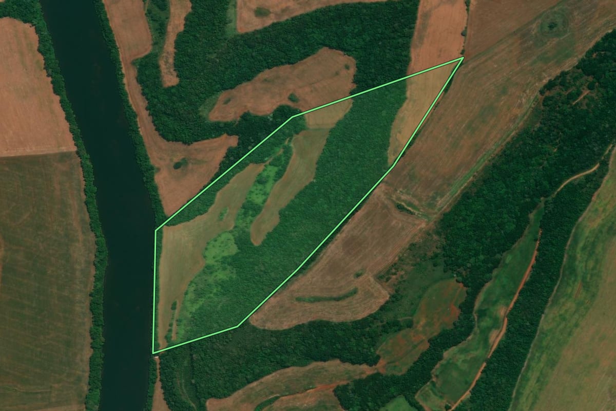 Imagem de satélite do imóvel rural em São João (PR), com o contorno declarado no CAR desenhado por cima.