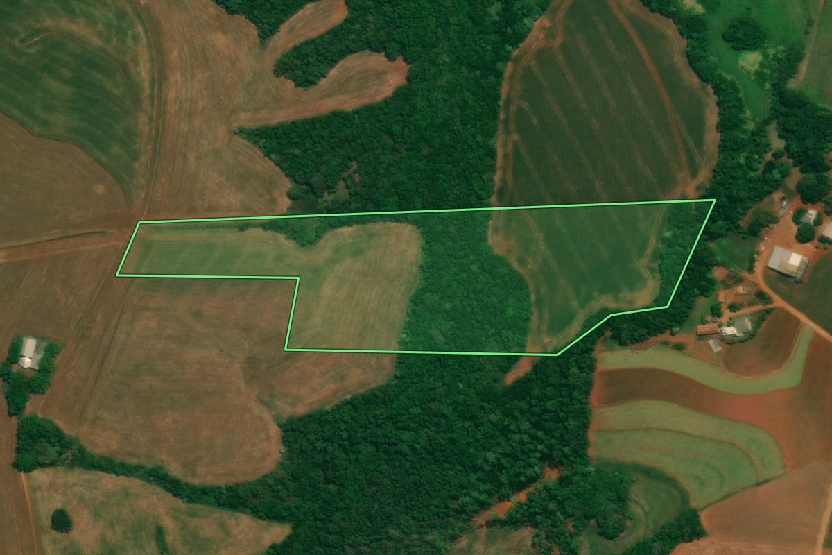 Imagem de satélite do imóvel rural em Itapejara d'Oeste (PR), com o contorno declarado no CAR desenhado por cima.
