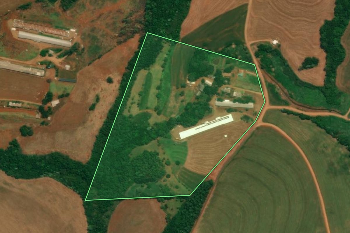 Imagem de satélite do imóvel rural em Itapejara d'Oeste (PR), com o contorno declarado no CAR desenhado por cima.