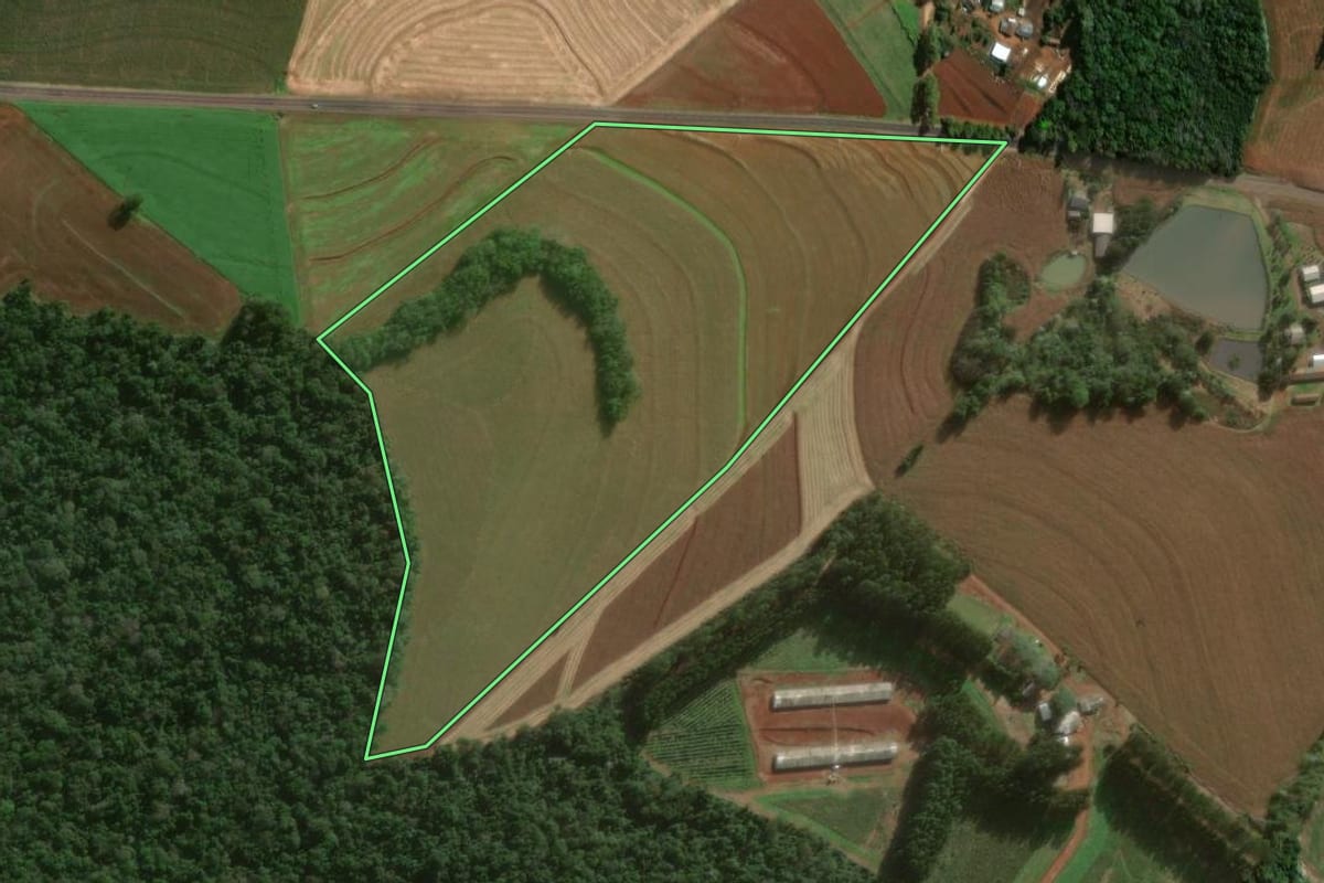 Imagem de satélite do imóvel rural em Itapejara d'Oeste (PR), com o contorno declarado no CAR desenhado por cima.