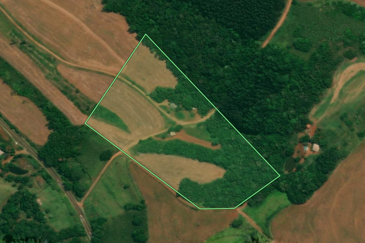 Imagem de satélite do imóvel rural em Itapejara d'Oeste (PR), com o contorno declarado no CAR desenhado por cima.