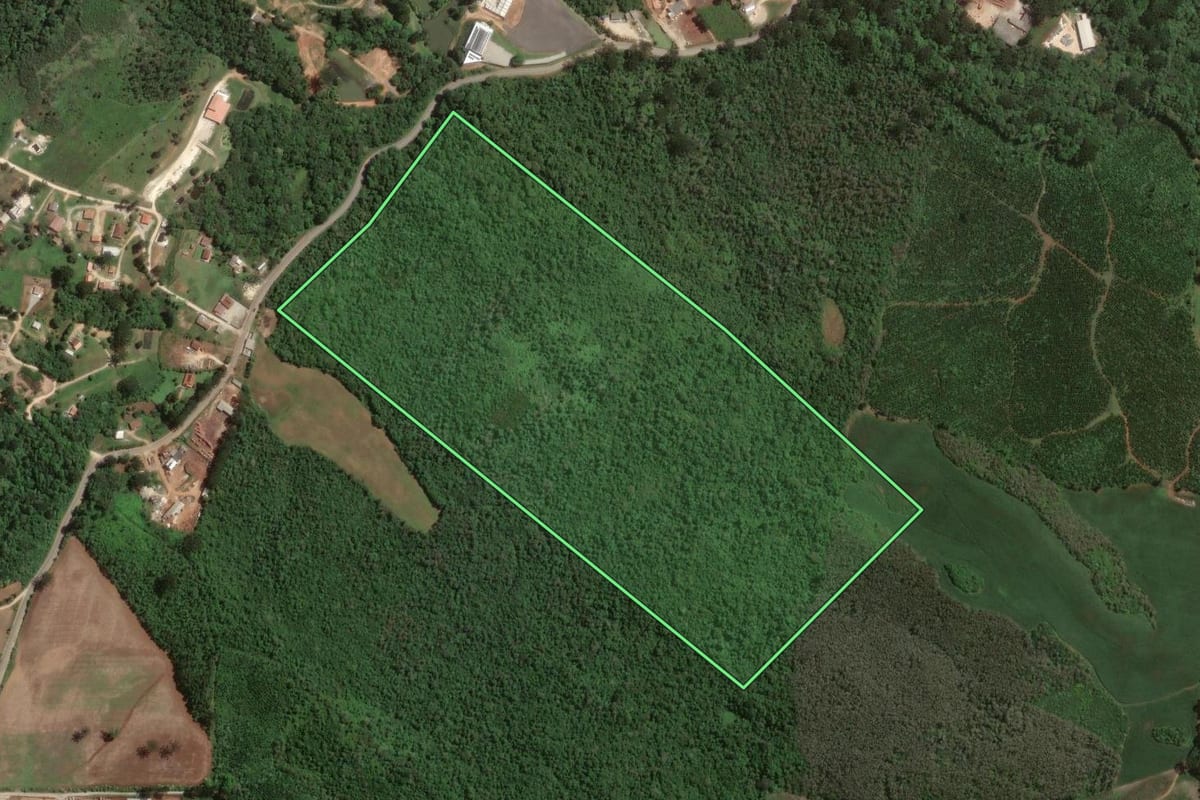 Imagem de satélite do imóvel rural em Itaperuçu (PR), com o contorno declarado no CAR desenhado por cima.