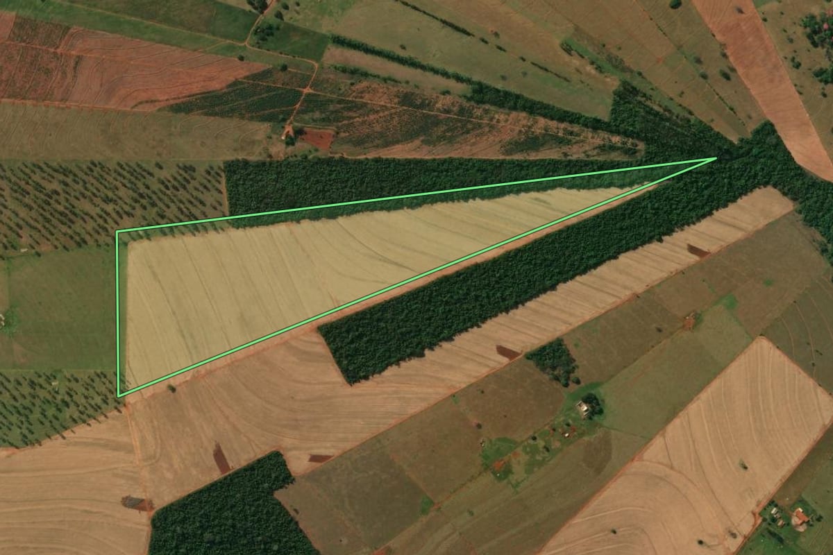 Imagem de satélite do imóvel rural em Itaúna do Sul (PR), com o contorno declarado no CAR desenhado por cima.
