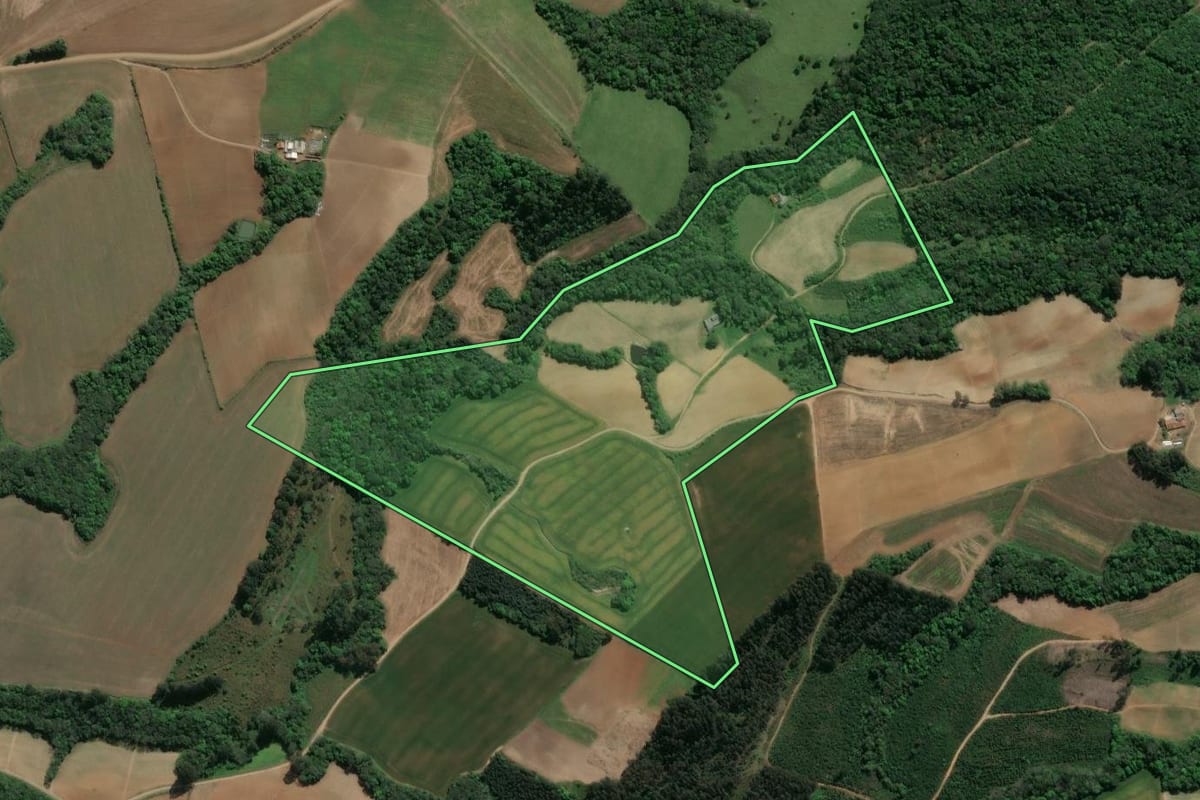 Imagem de satélite do imóvel rural em Ivaí (PR), com o contorno declarado no CAR desenhado por cima.
