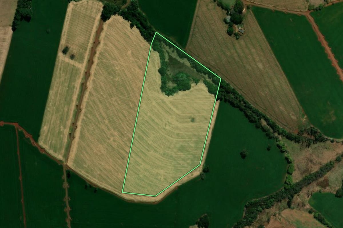 Imagem de satélite do imóvel rural em Ivaiporã (PR), com o contorno declarado no CAR desenhado por cima.