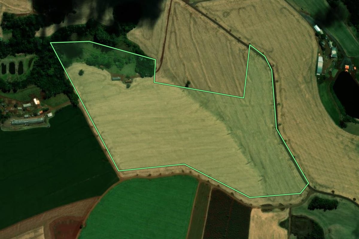 Imagem de satélite do imóvel rural em Ivaiporã (PR), com o contorno declarado no CAR desenhado por cima.
