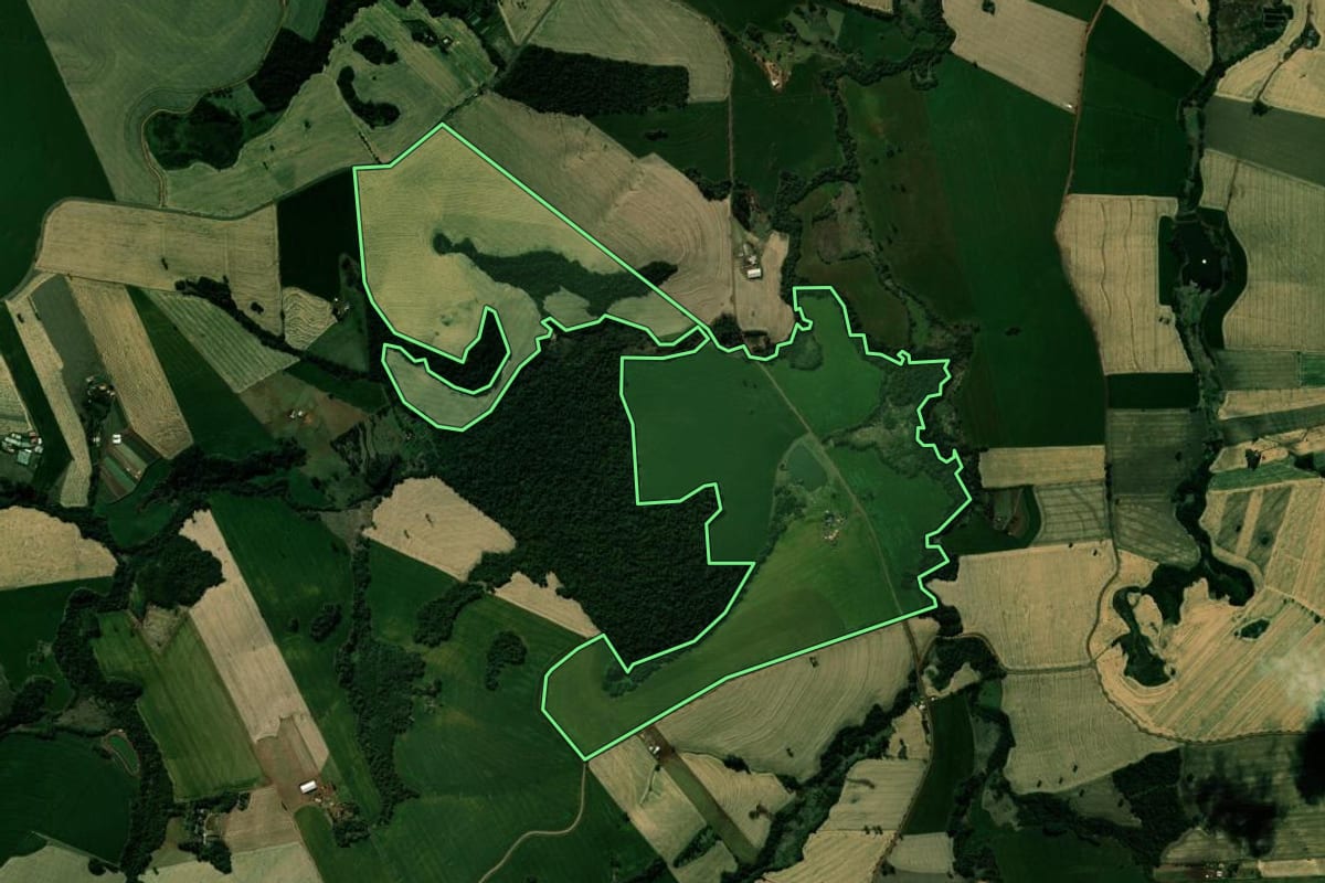 Imagem de satélite do imóvel rural em Ivaiporã (PR), com o contorno declarado no CAR desenhado por cima.