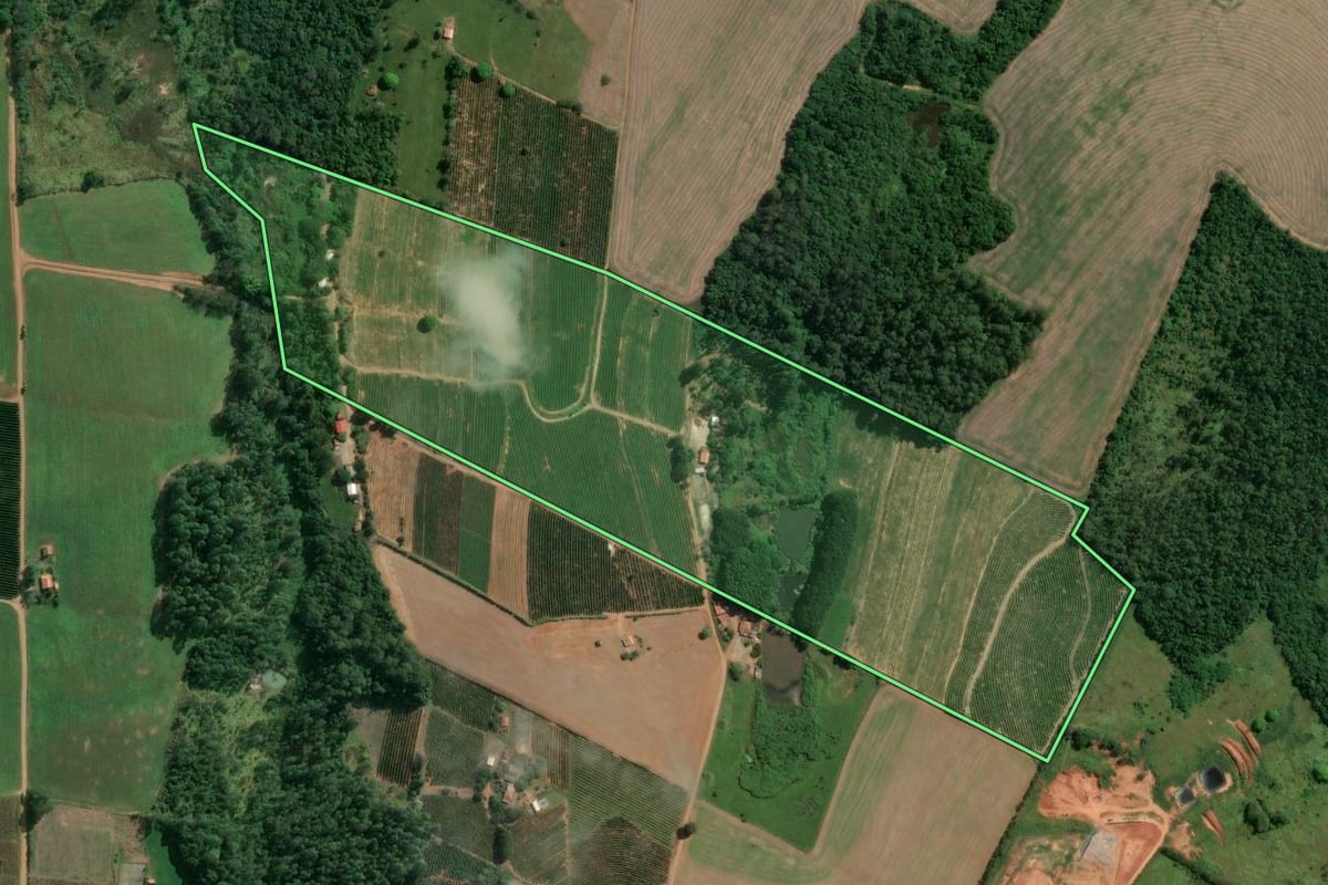 Imagem de satélite do imóvel rural em Japira (PR), com o contorno declarado no CAR desenhado por cima.