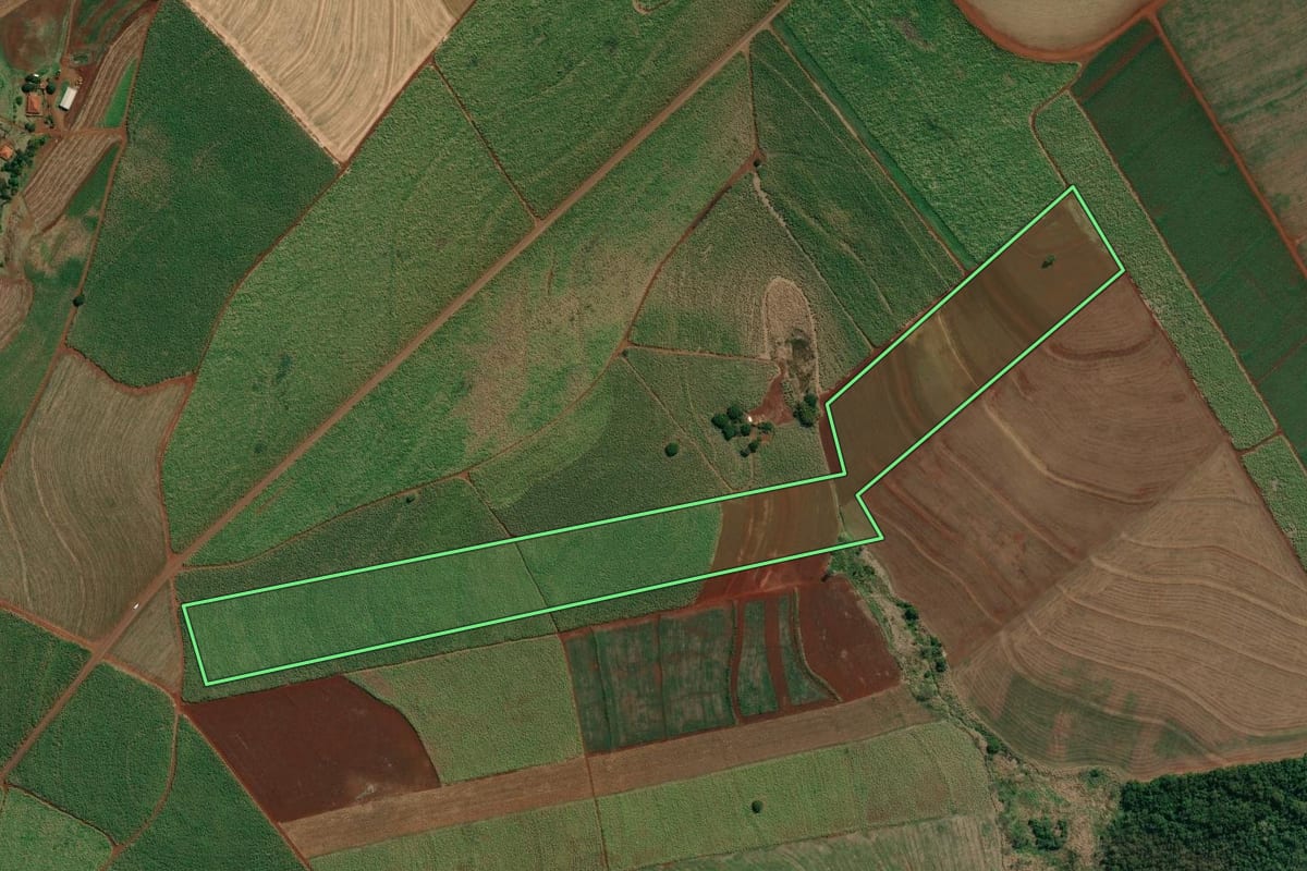 Imagem de satélite do imóvel rural em Jacarezinho (PR), com o contorno declarado no CAR desenhado por cima.
