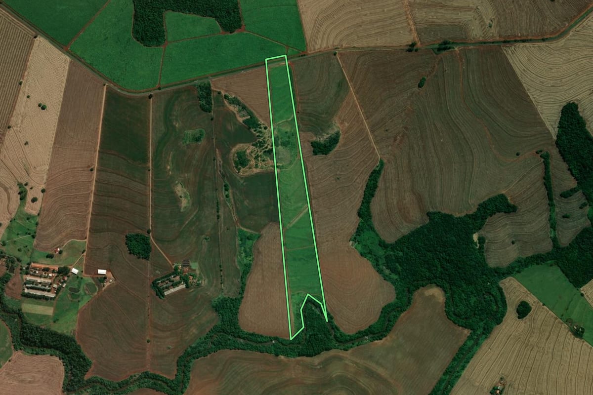 Imagem de satélite do imóvel rural em Jaguapitã (PR), com o contorno declarado no CAR desenhado por cima.