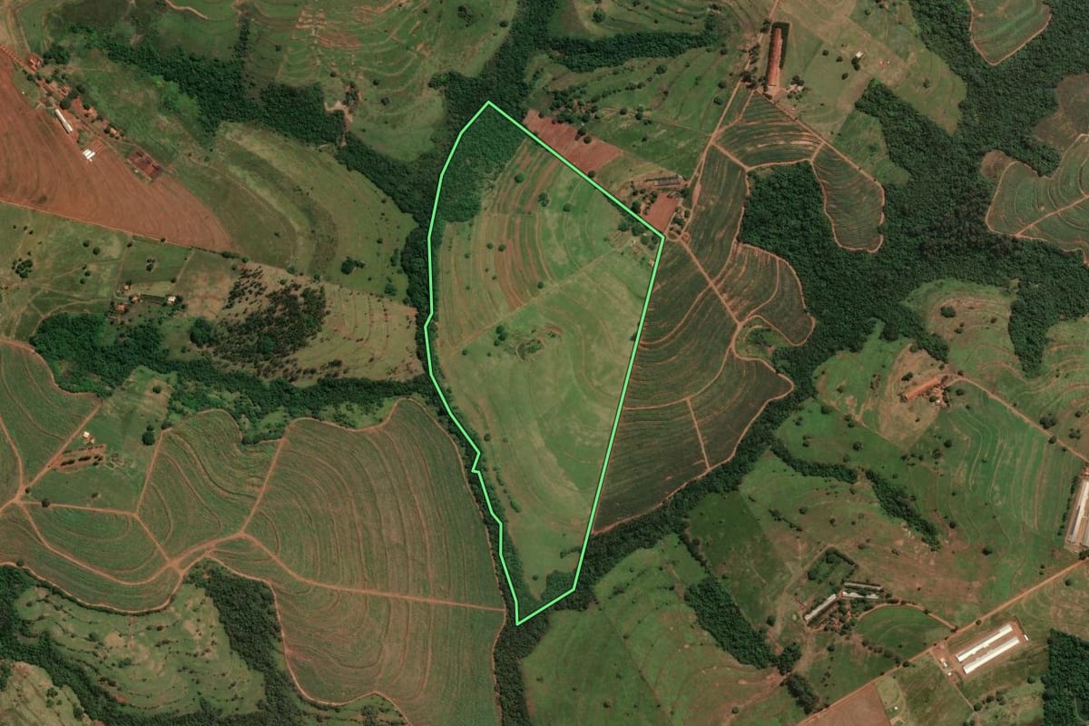 Imagem de satélite do imóvel rural em Jaguapitã (PR), com o contorno declarado no CAR desenhado por cima.